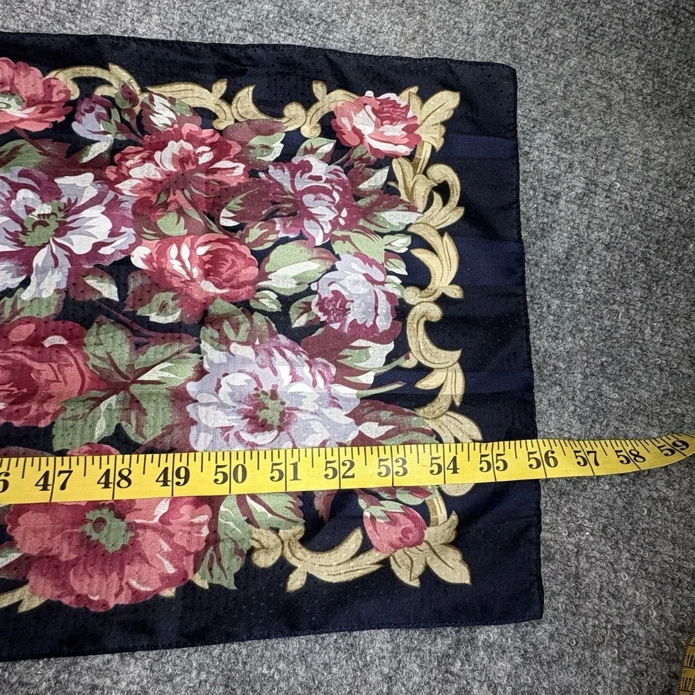 Vintage 80s Kathie Lee Floral Scarf Navy Pink Rose Cottagecore Romantic 56x12